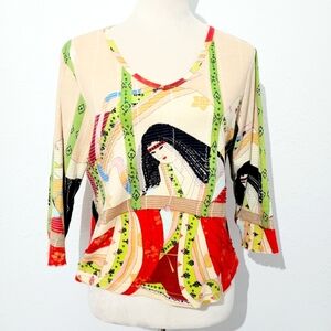 Zashi Women's Top Large Made in India 100% Cotton Asian Geisha Art Beaded Shirt